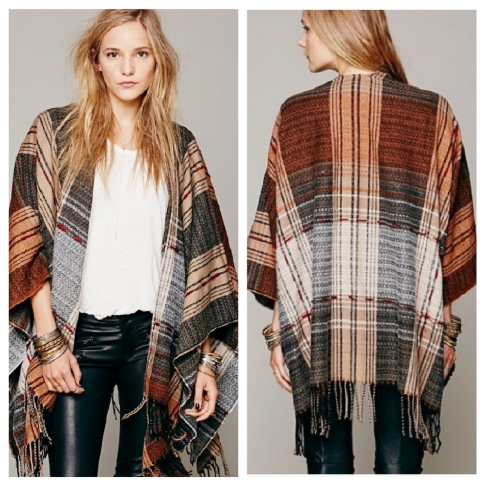 Free People | Plaid Stitch Fringe Ruana Poncho